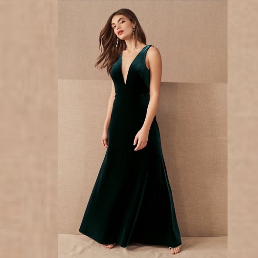 BHLDN Jenny Yoo Logan Velvet Maxi Dress EMERALD